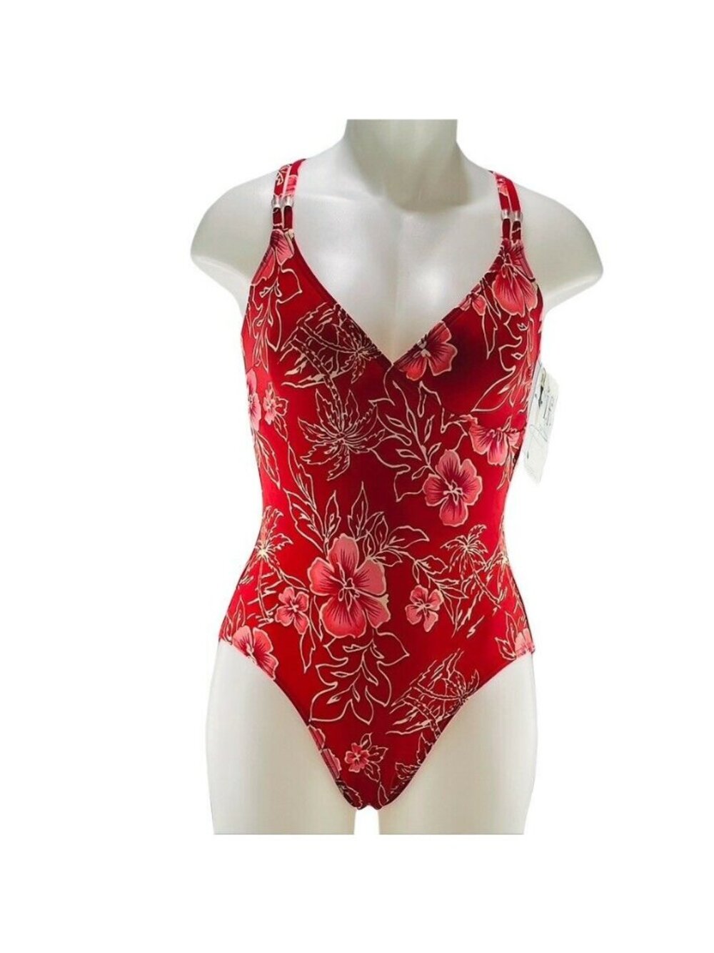 I.F. Red Floral Print Womens One-Piece Swimsuit Size 8 Nylon/Spandex With Tags